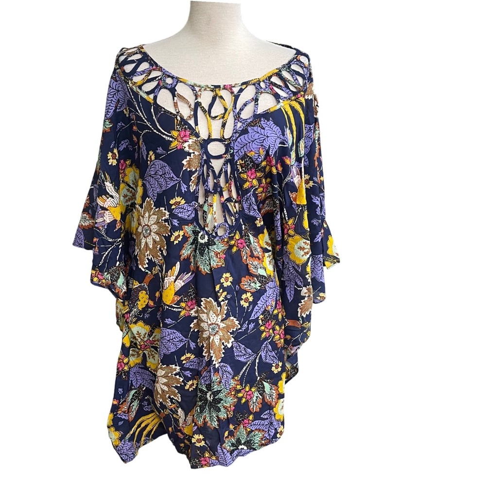 Anthropologie Floral Bird mini dress Navy Blue Lace Up Cutout Boho cutout‎ OS